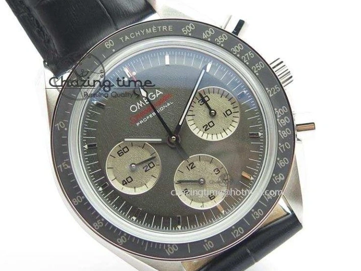 0322 Minimalist Speedmaster Apollo XVII Gray Dial On Black Leather Strap Manual Winding Chrono Movement 8222